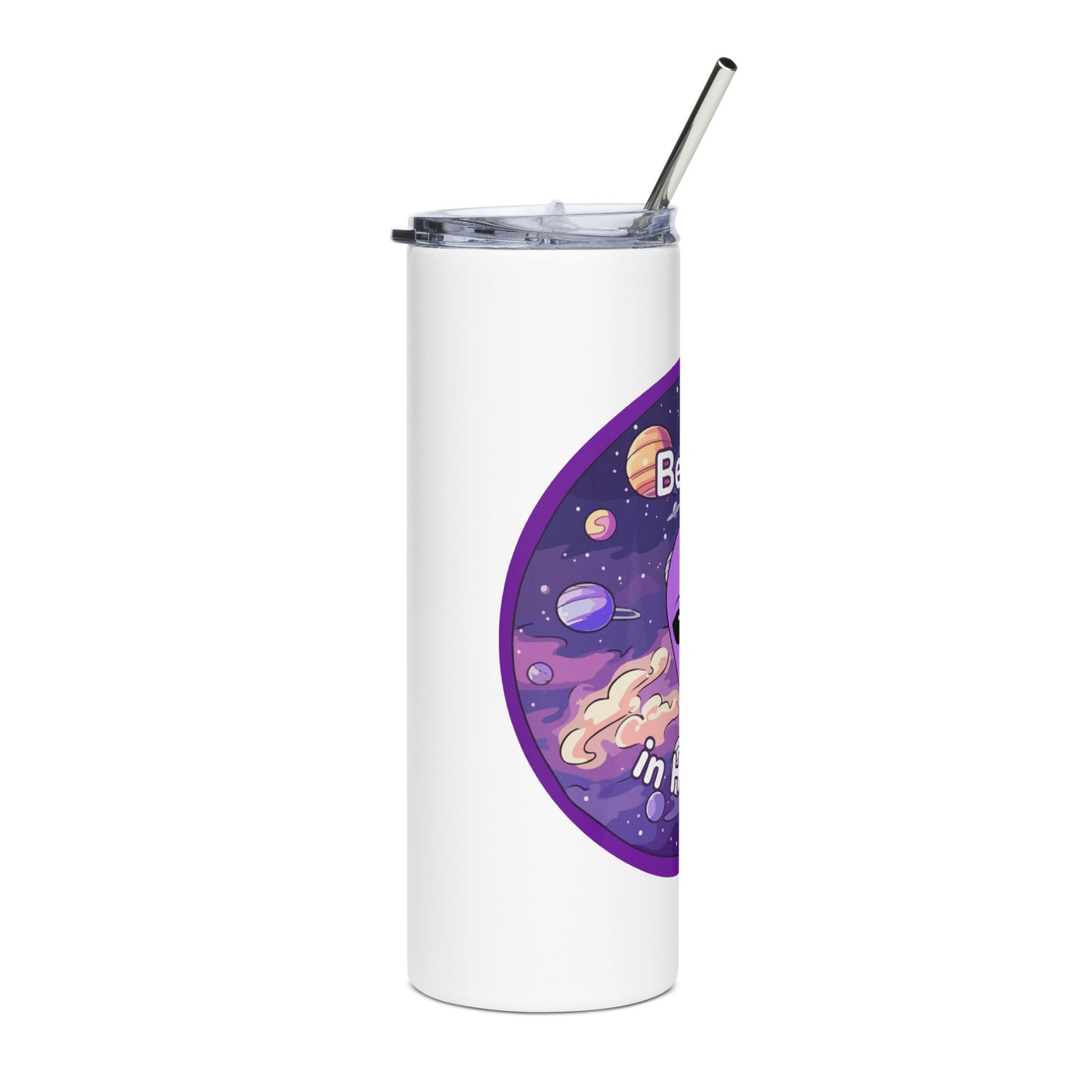 Side view of white stainless steel tumbler with metal straw
