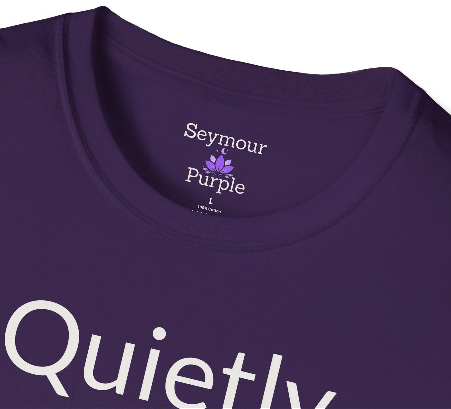Purple t-shirt with 'Seymour Purple' logo and text on a white background