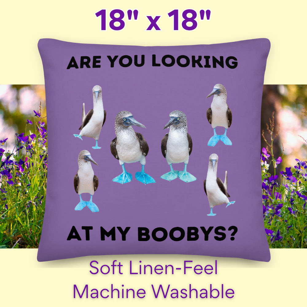 Purple Booby Birds Throw Pillow 18x18, Humorous Quote, Home Decor