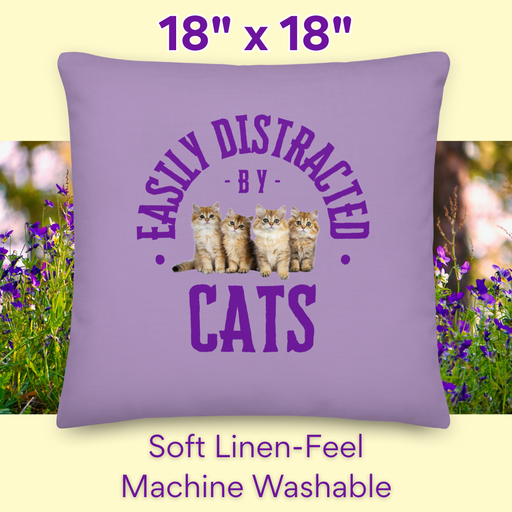 Easily Distracted by Cats, Purple Throw Pillow 18x18, Humorous Home Decor