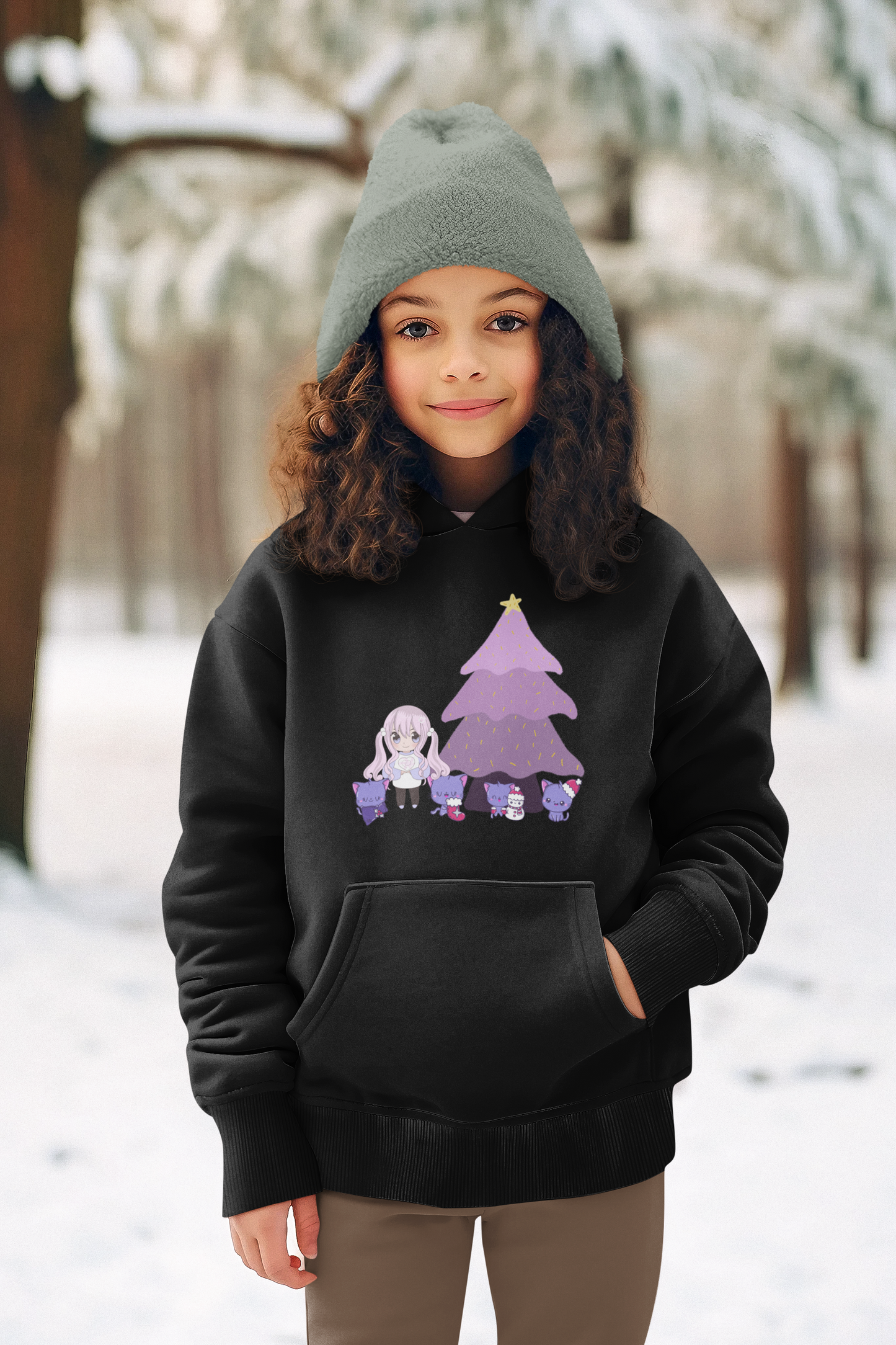 Holiday Christmas Tree Girl Surrounded by Kittens Unisex Youth Pullover Hoodie Sweatshirt