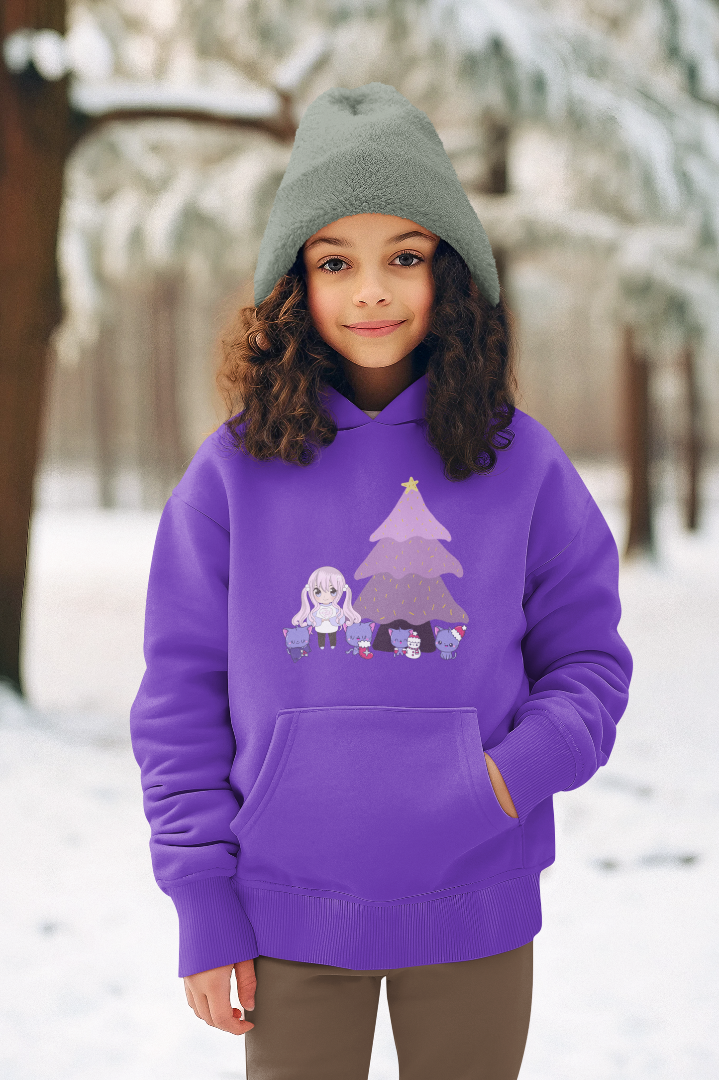 Holiday Christmas Tree Girl Surrounded by Kittens Unisex Youth Pullover Hoodie Sweatshirt