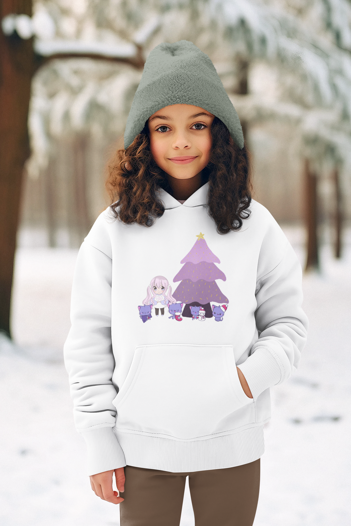 Holiday Christmas Tree Girl Surrounded by Kittens Unisex Youth Pullover Hoodie Sweatshirt