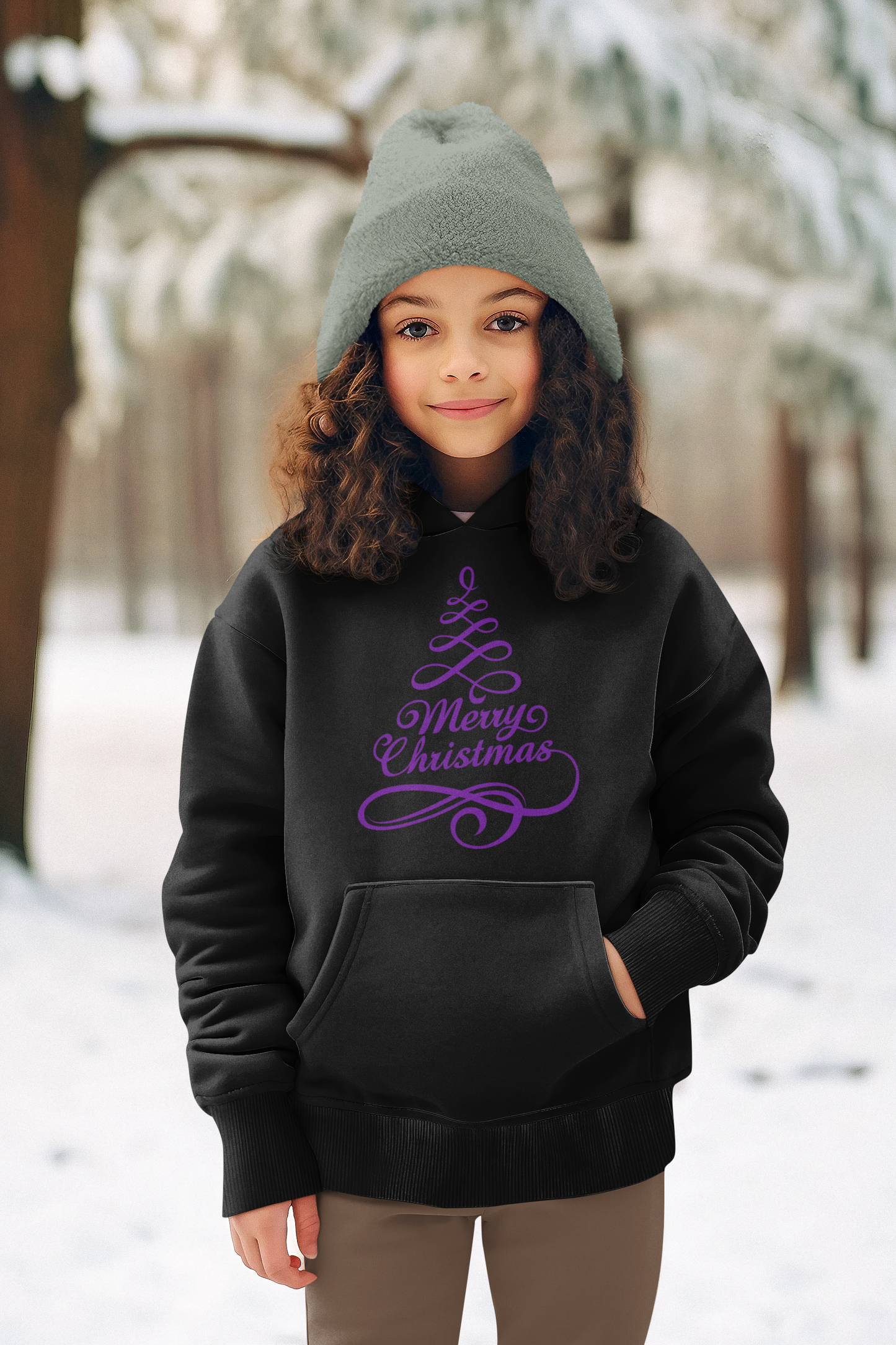 Merry Christmas Ribbon Holiday Tree Unisex Youth Pullover Hoodie with Front Pocket