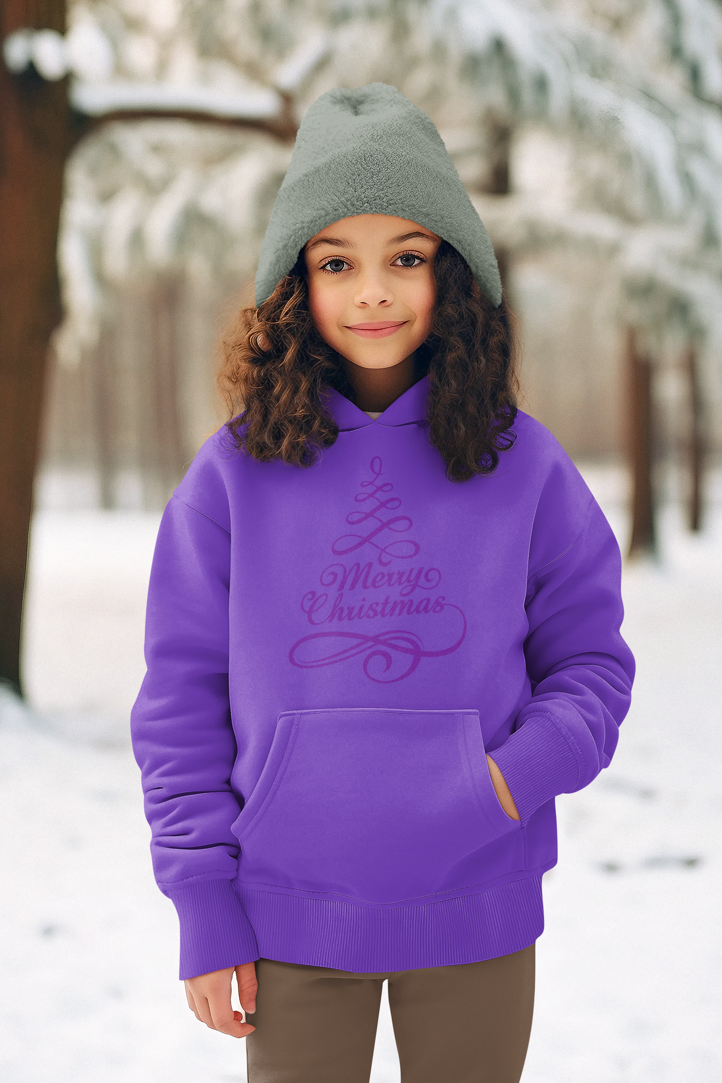 Merry Christmas Ribbon Holiday Tree Unisex Youth Pullover Hoodie with Front Pocket