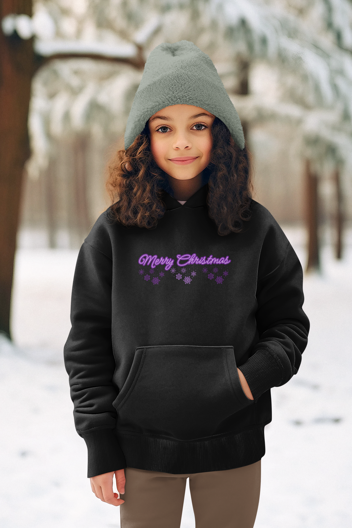 Merry Christmas and Snowflakes All in Purple Unisex Youth Pullover Hoodie