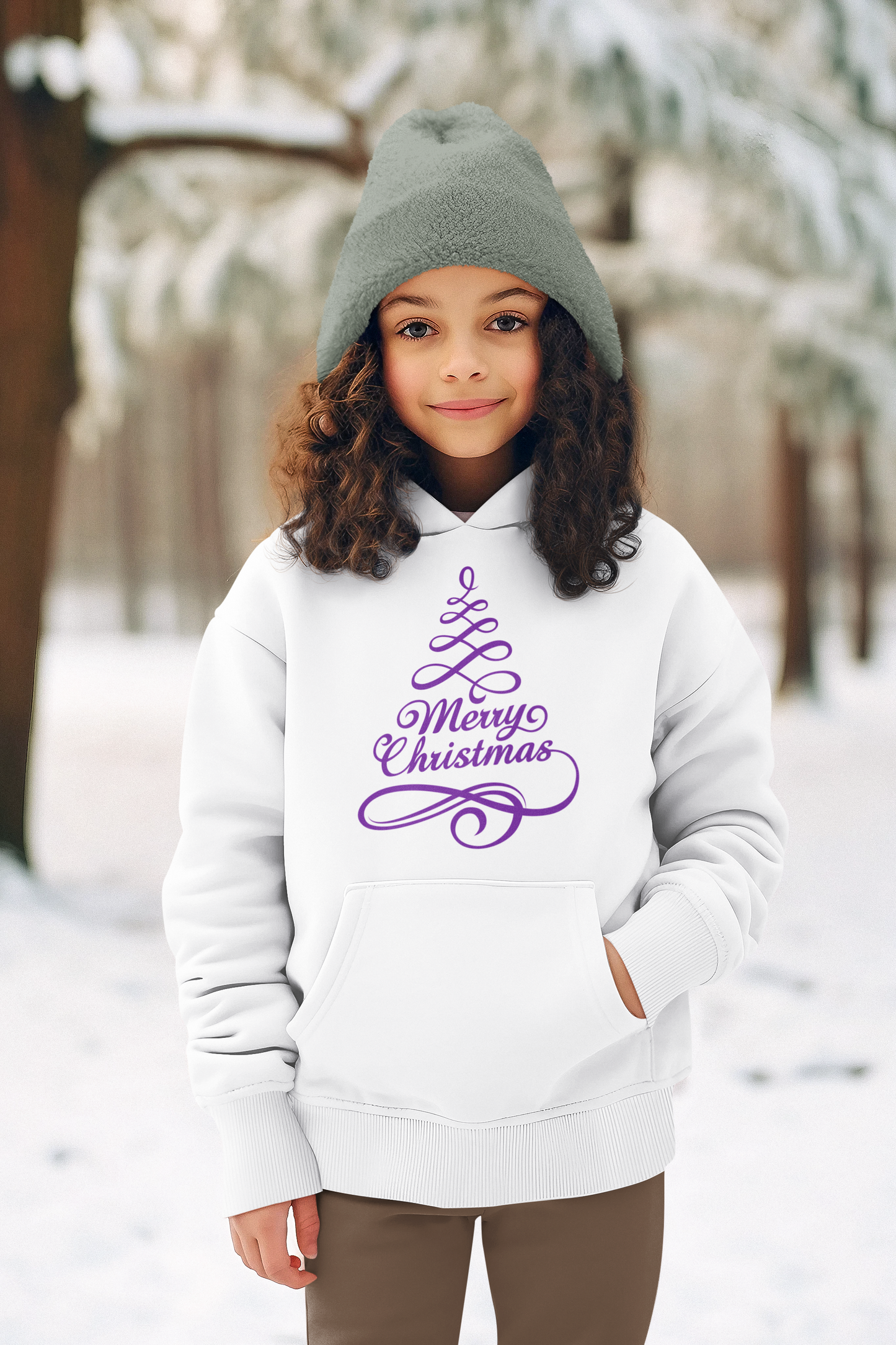 Merry Christmas Ribbon Holiday Tree Unisex Youth Pullover Hoodie with Front Pocket