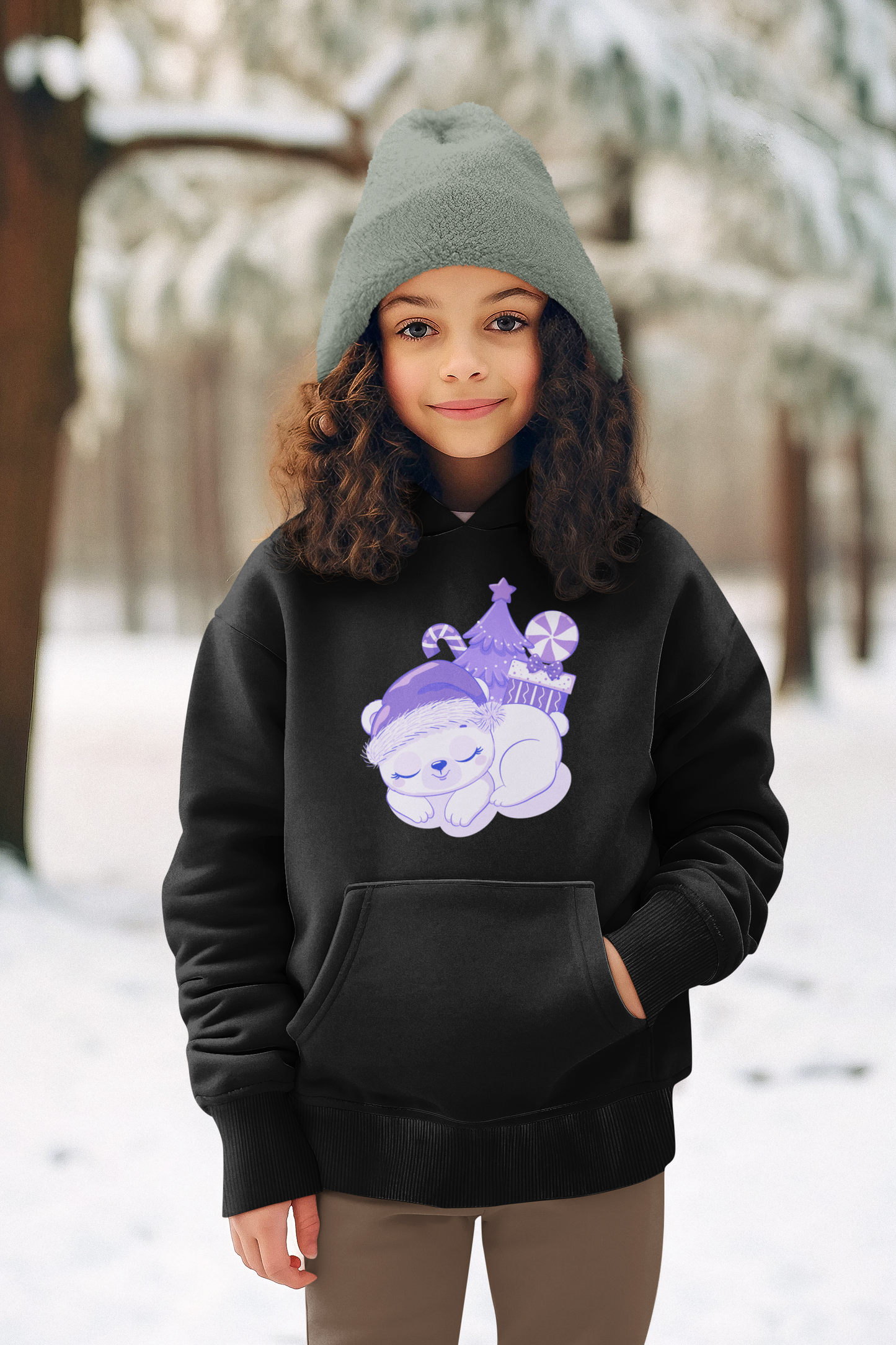 Sleeping Polar Bear Christmas Tree Presents Candy Cane All in Purple Youth Unisex Pullover Hoodie