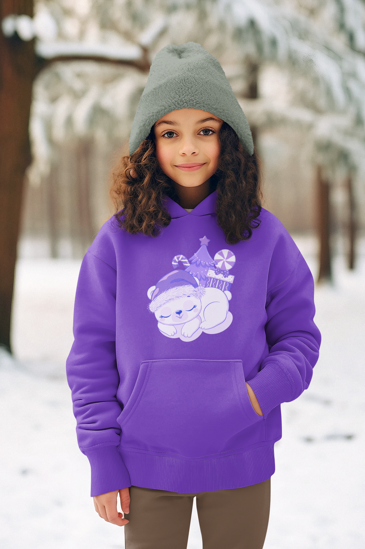 Sleeping Polar Bear Christmas Tree Presents Candy Cane All in Purple Youth Unisex Pullover Hoodie