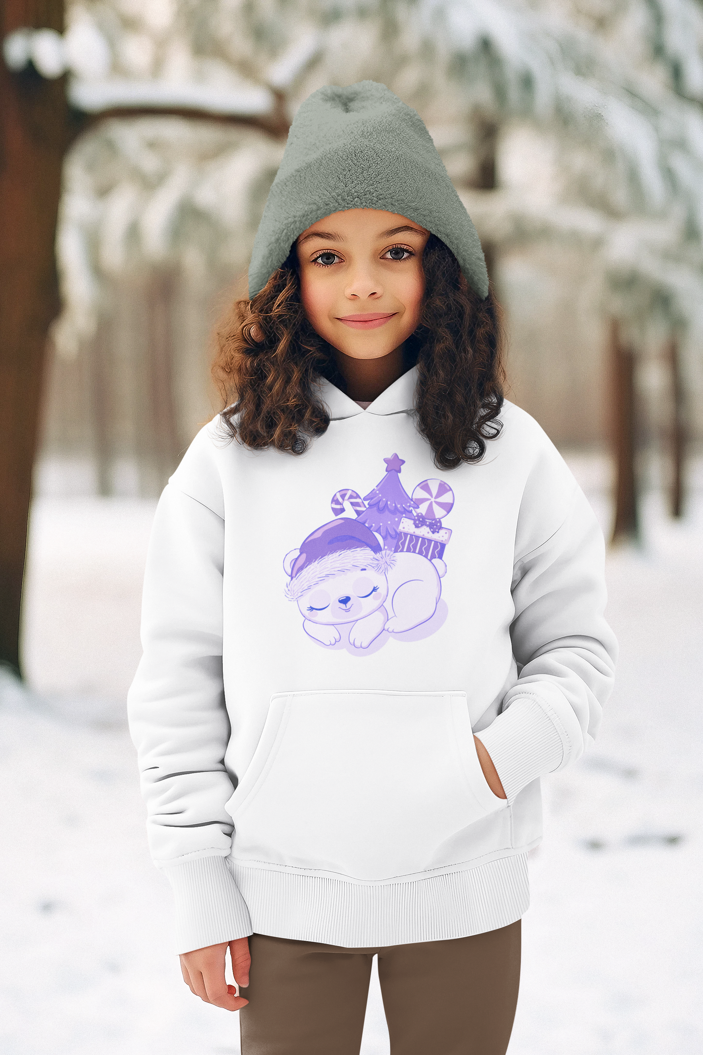 Sleeping Polar Bear Christmas Tree Presents Candy Cane All in Purple Youth Unisex Pullover Hoodie