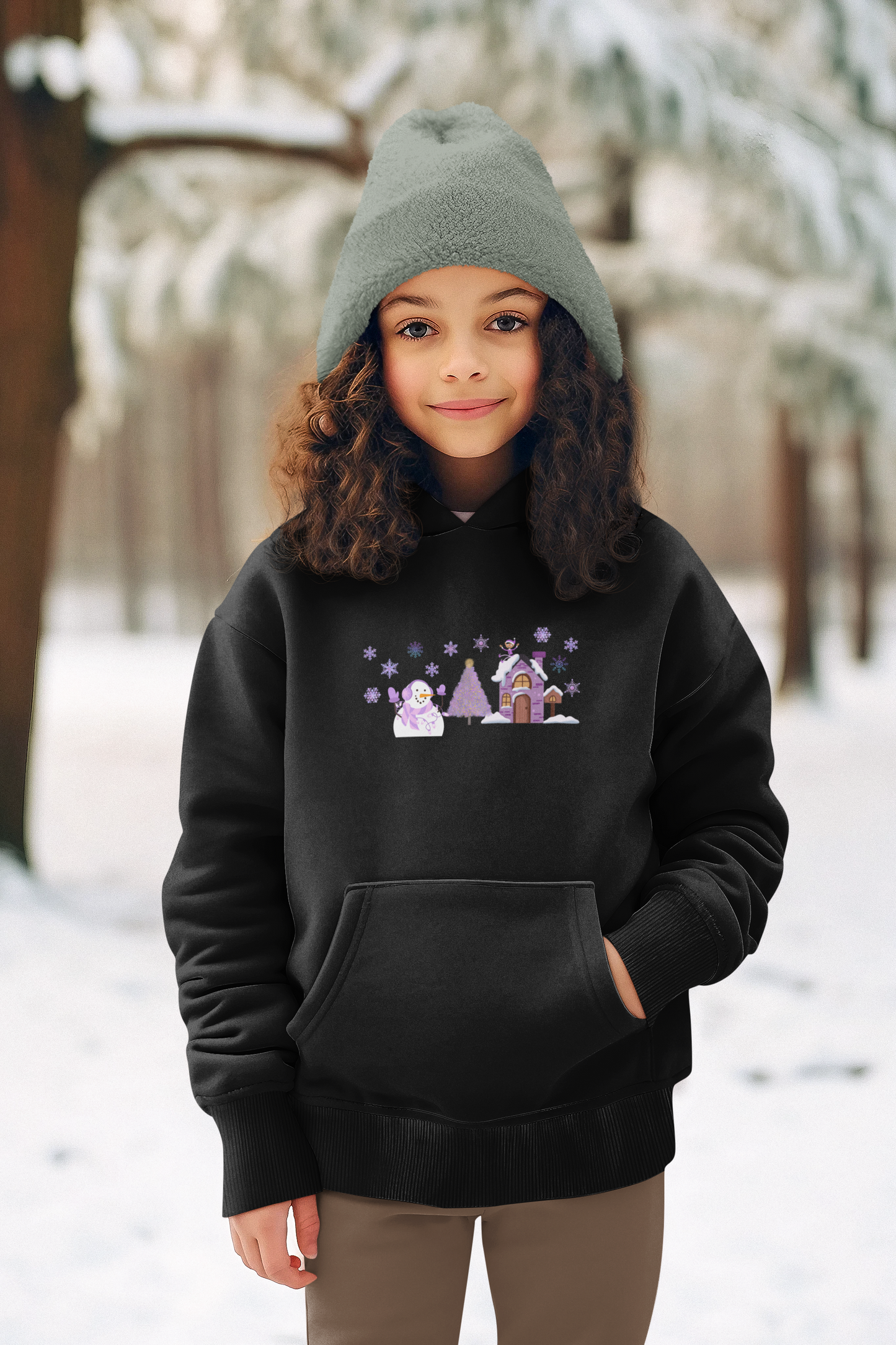 Outdoor Christmas Scene Snowperson Elf Sliding Down Rooftop Unisex Youth Pullover Hoodie