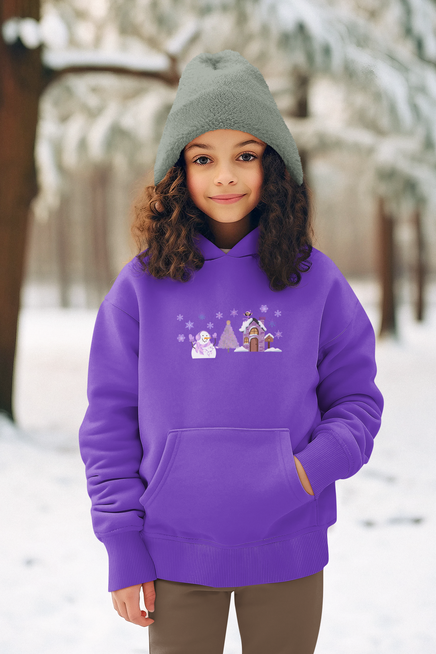 Outdoor Christmas Scene Snowperson Elf Sliding Down Rooftop Unisex Youth Pullover Hoodie