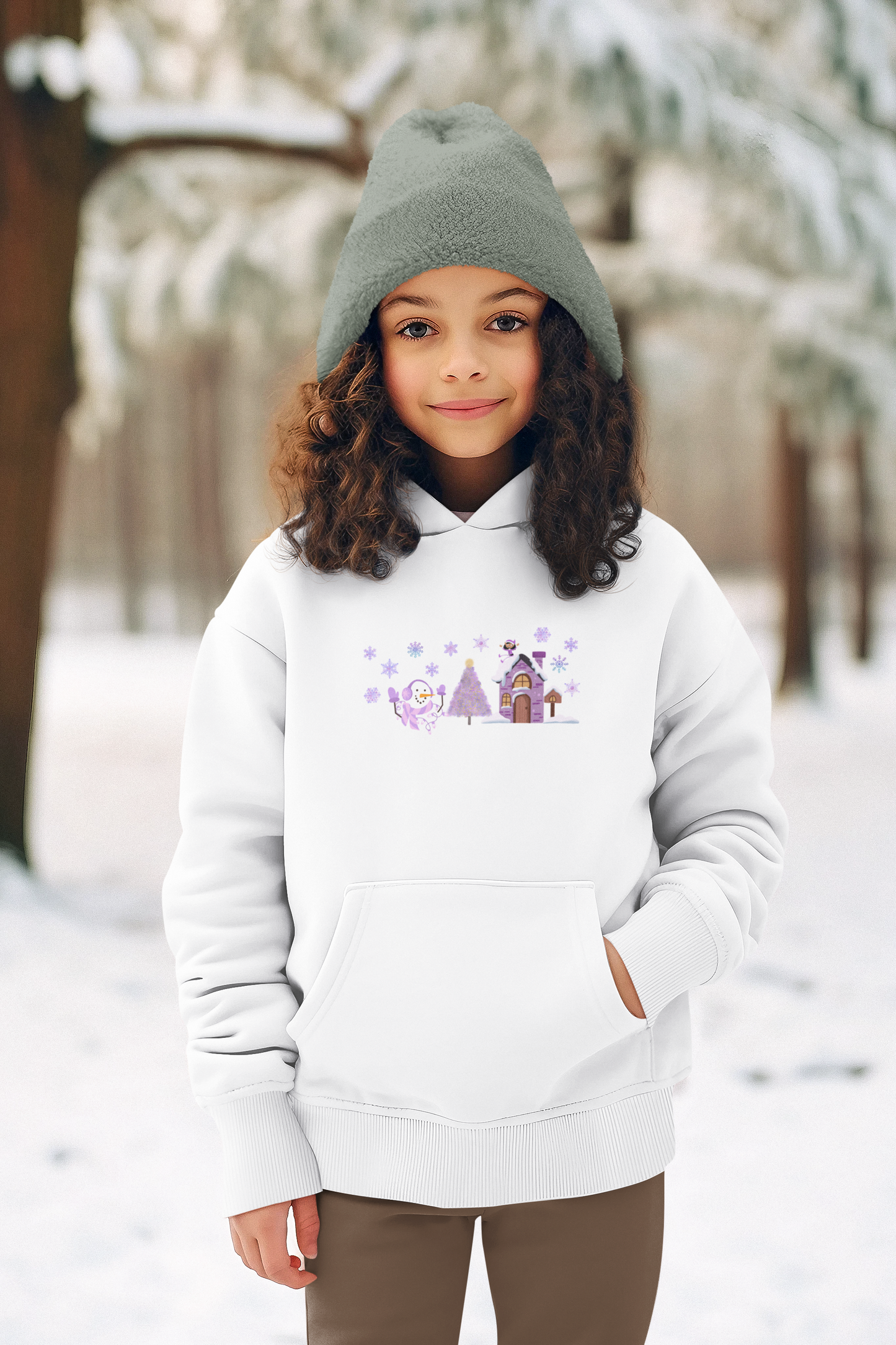 Outdoor Christmas Scene Snowperson Elf Sliding Down Rooftop Unisex Youth Pullover Hoodie