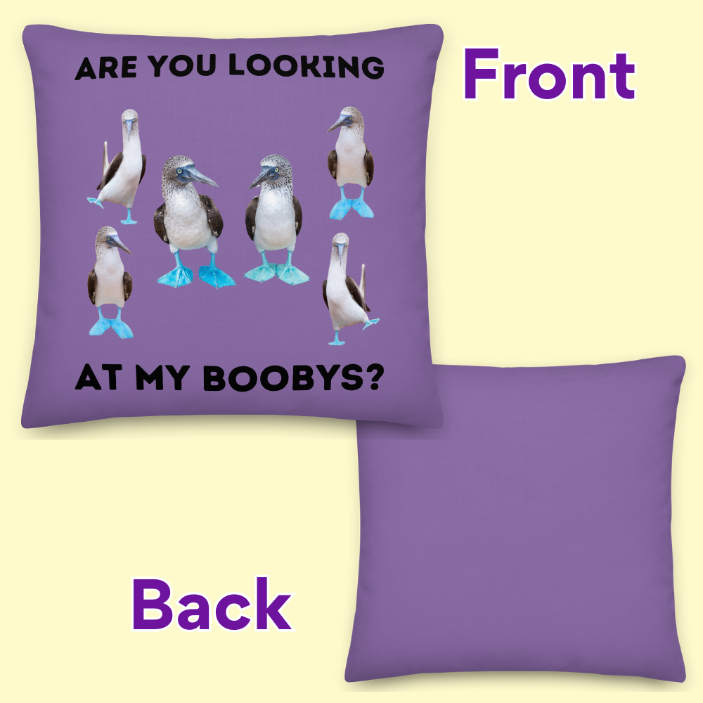 Purple Booby Birds Throw Pillow 18x18, Humorous Quote, Home Decor