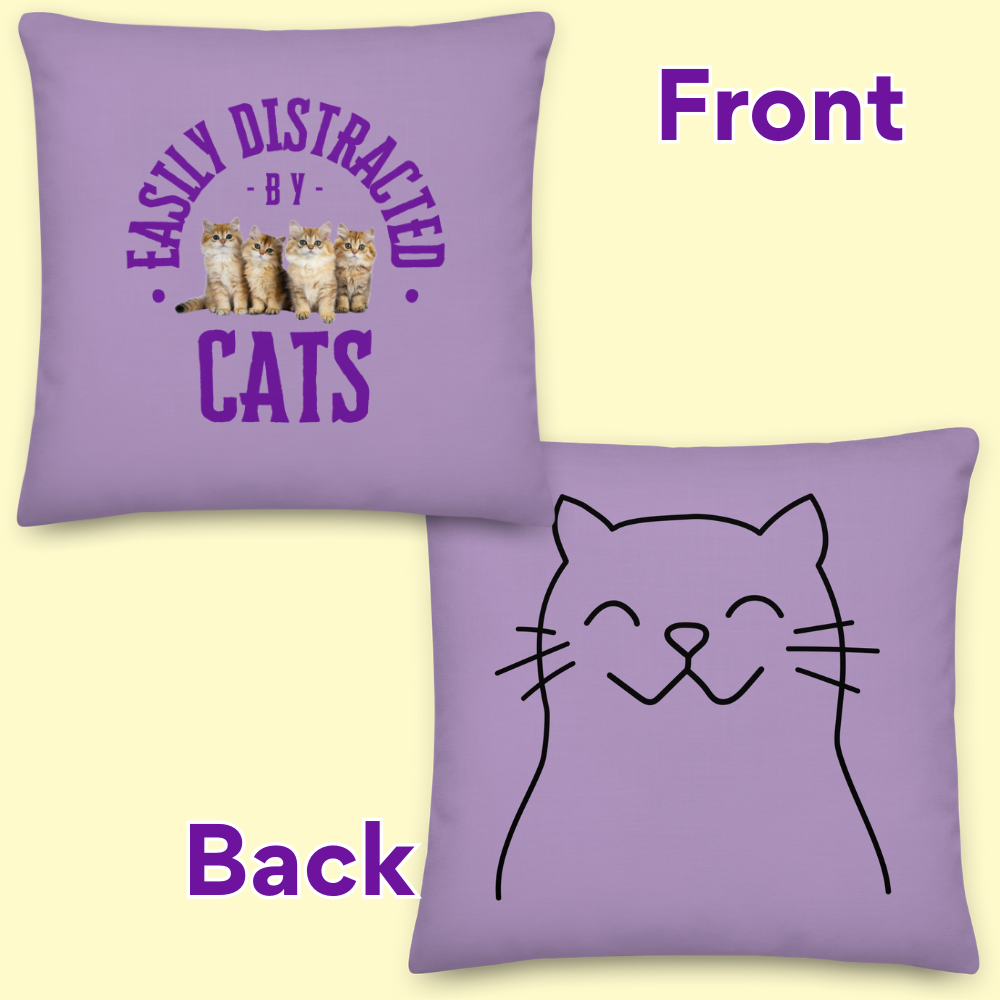Easily Distracted by Cats, Purple Throw Pillow 18x18, Humorous Home Decor