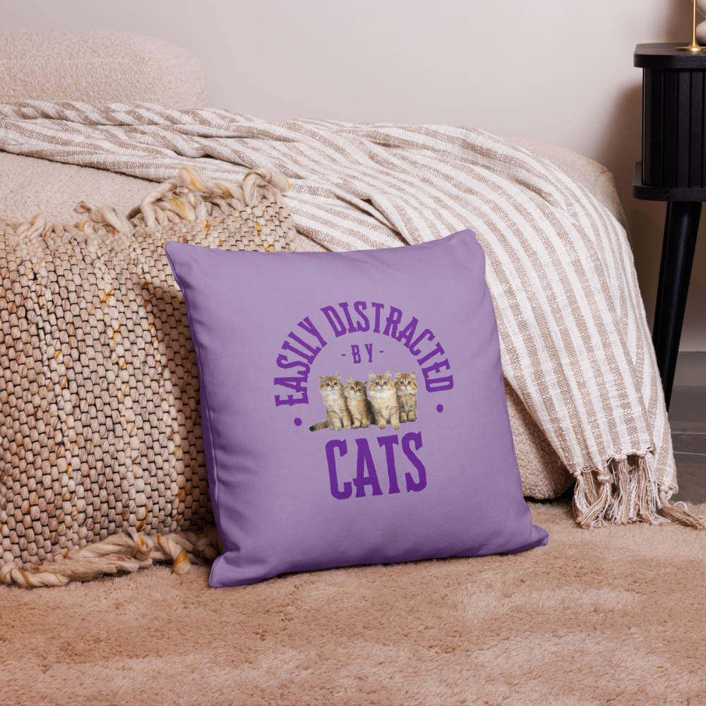 Easily Distracted by Cats, Purple Throw Pillow 18x18, Humorous Home Decor
