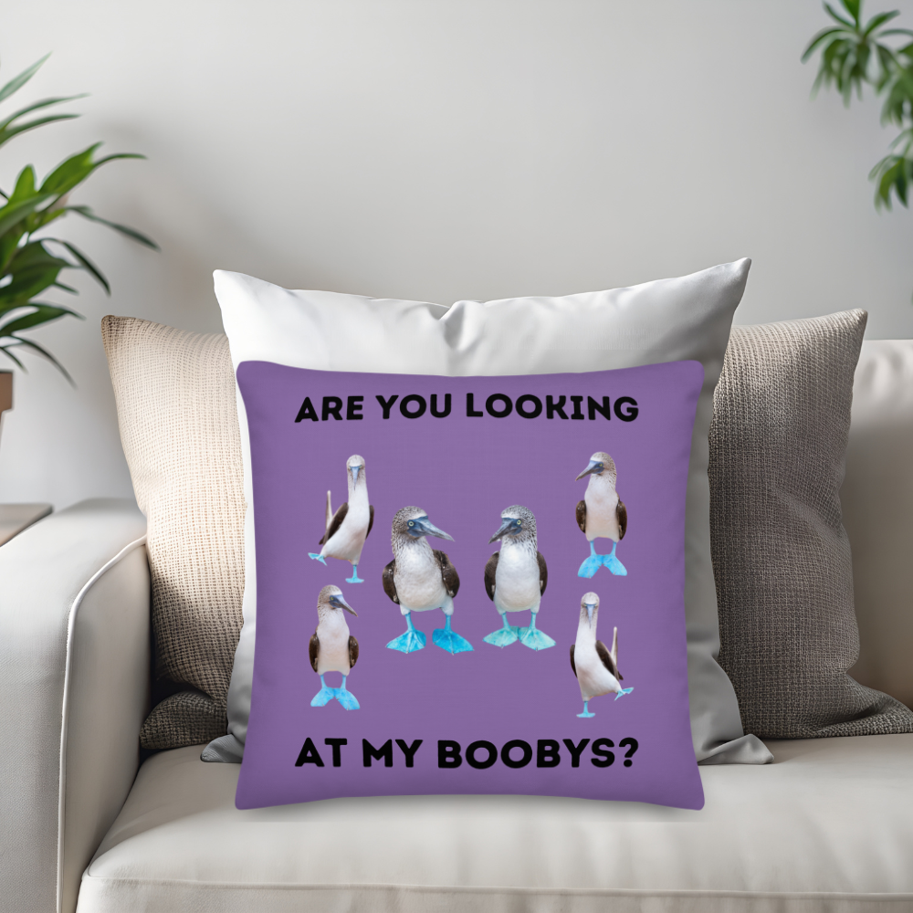 Purple Booby Birds Throw Pillow 18x18, Humorous Quote, Home Decor