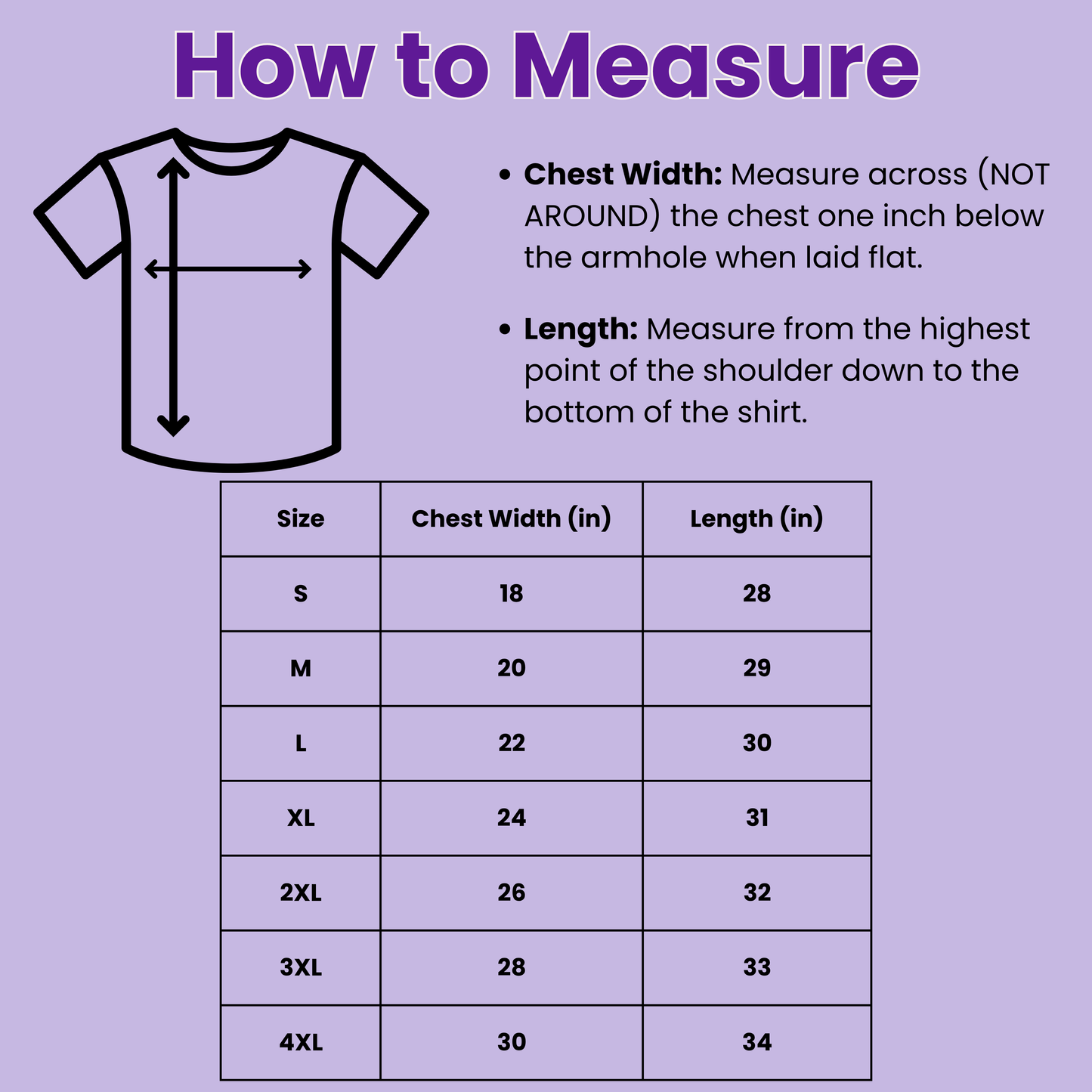 Measurement guide for shirts with a shirt diagram and size chart on a purple background
