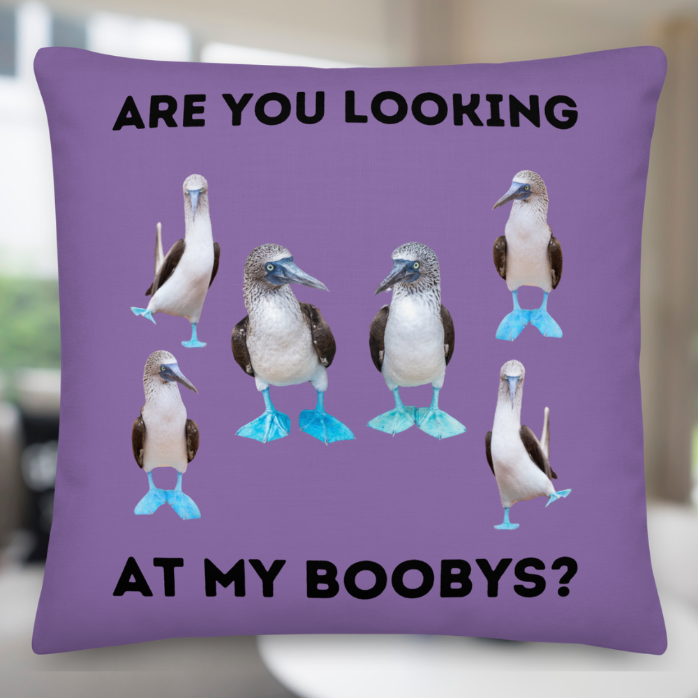 Purple Booby Birds Throw Pillow 18x18, Humorous Quote, Home Decor