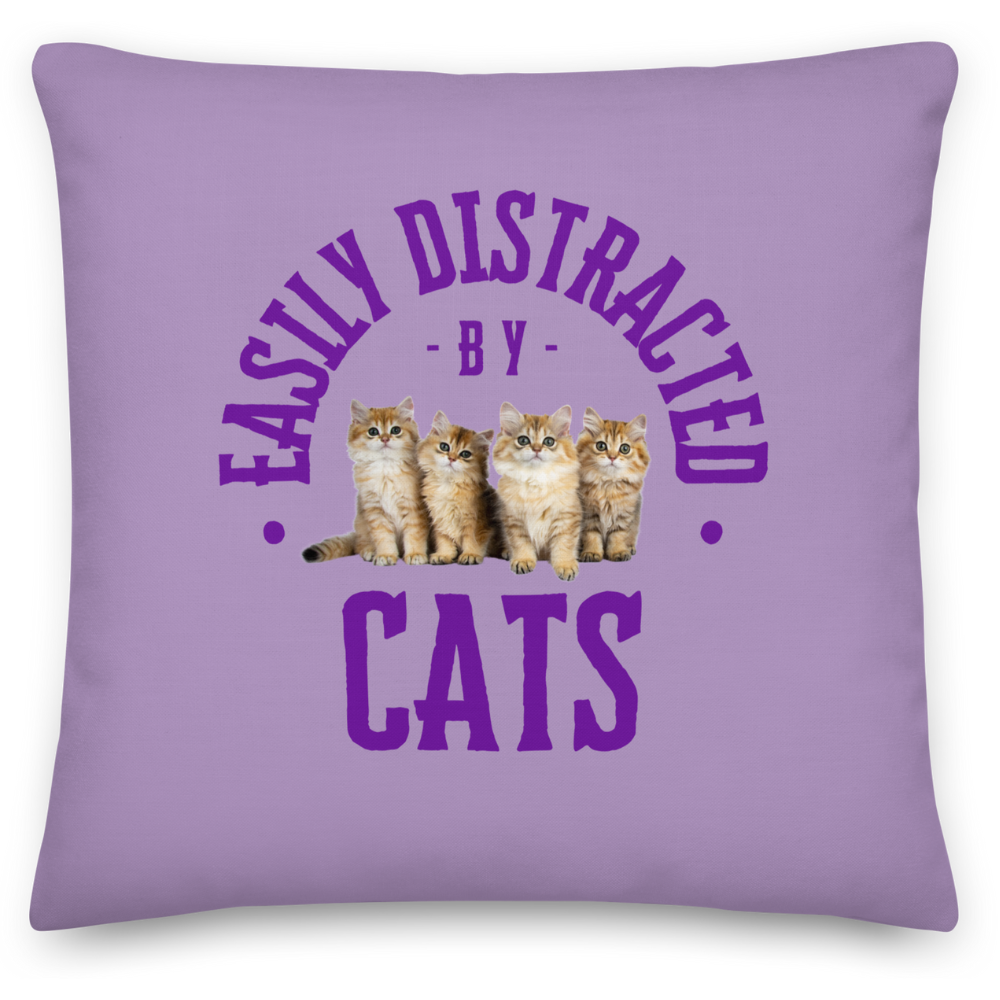 Easily Distracted by Cats, Purple Throw Pillow 18x18, Humorous Home Decor