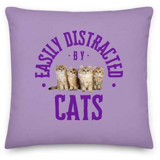 Easily Distracted by Cats, Purple Throw Pillow 18x18, Humorous Home Decor